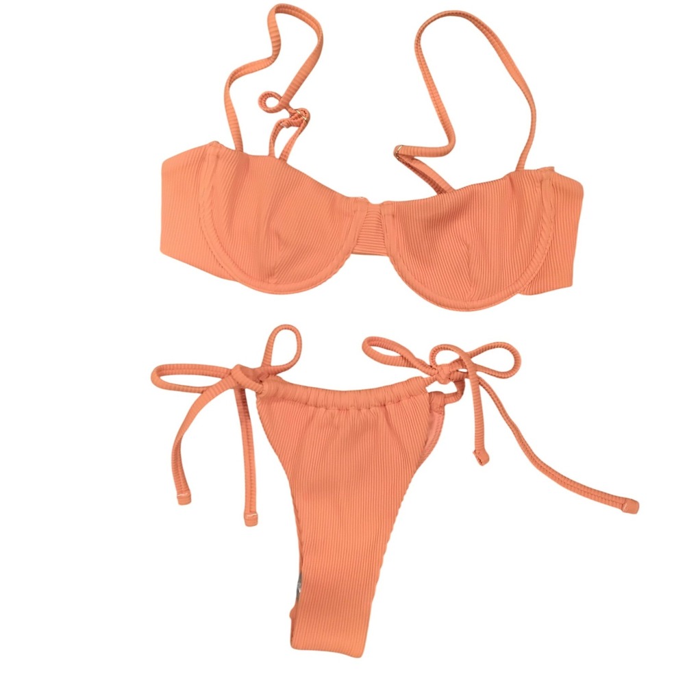 Out From Under Ribbed Underwire Bikini‎ Set Peach Orange Small S P